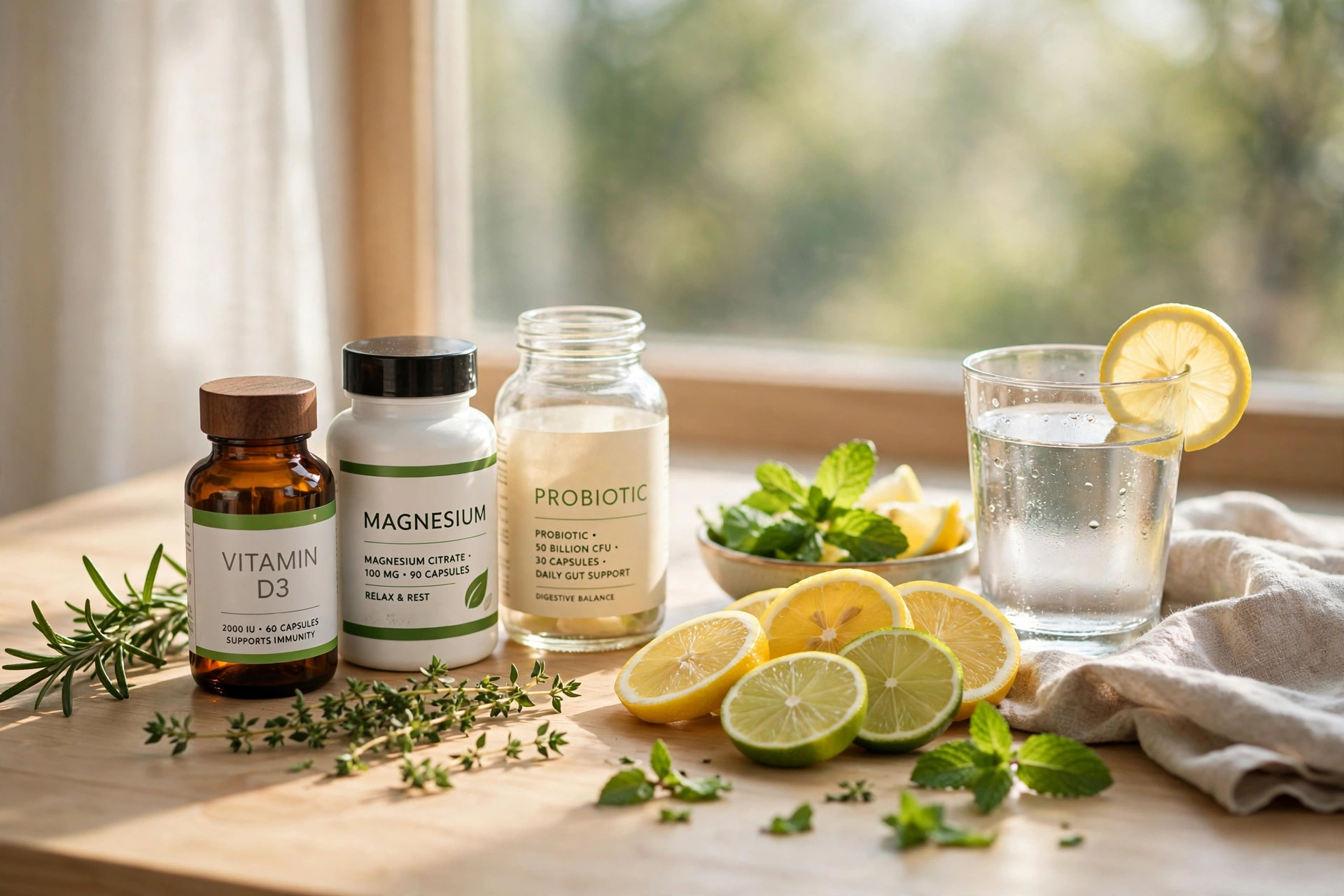 Health and wellness products in natural light