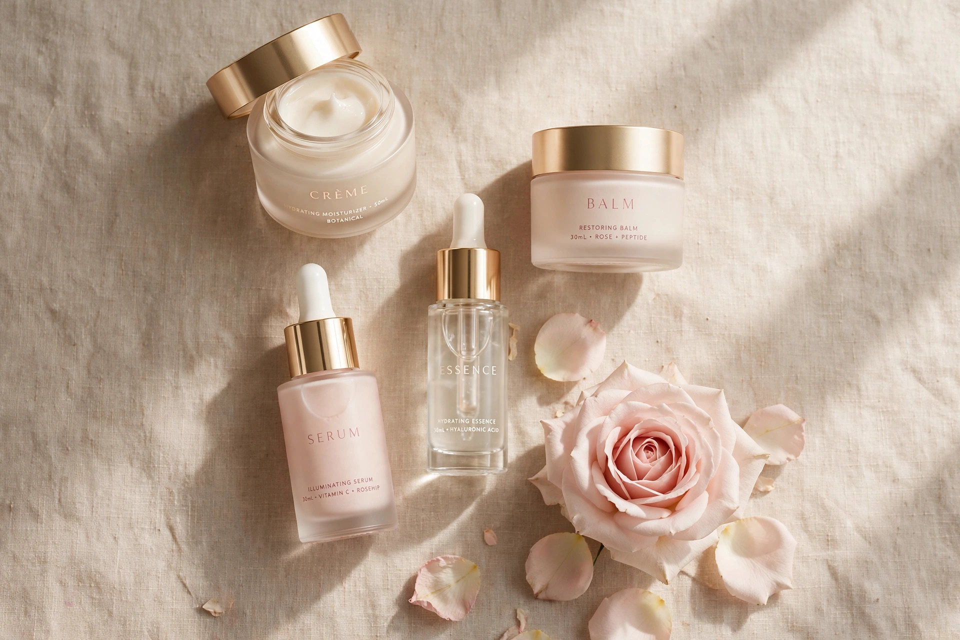 Elegant beauty and skincare products in soft natural light